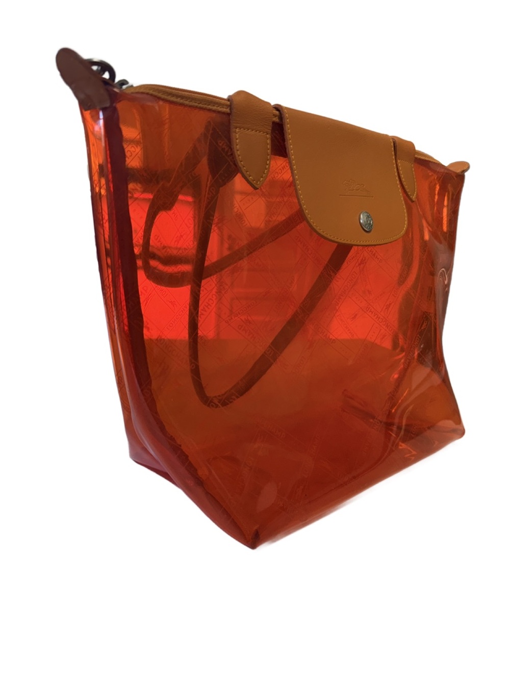 Longchamp Le Pliage Transparent Orange PVC Shoulder Tote -Made in France - Picture 2 of 14